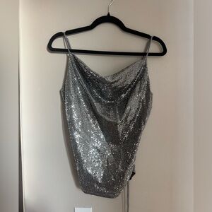Silver Sequin Cowl Neck Camisole Ruched Y2K Party Club Top M NYC Holiday